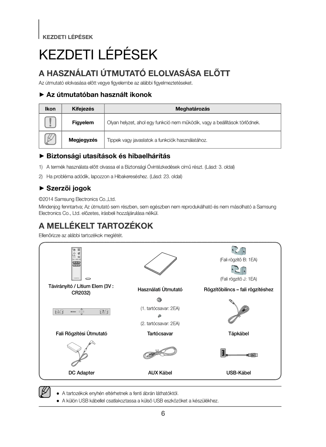 Samsung HW-H450/EN, HW-H450/TK, HW-H450/ZF manual Kezdeti Lépések, Használati Útmutató Elolvasása Előtt, Mellékelt Tartozékok 