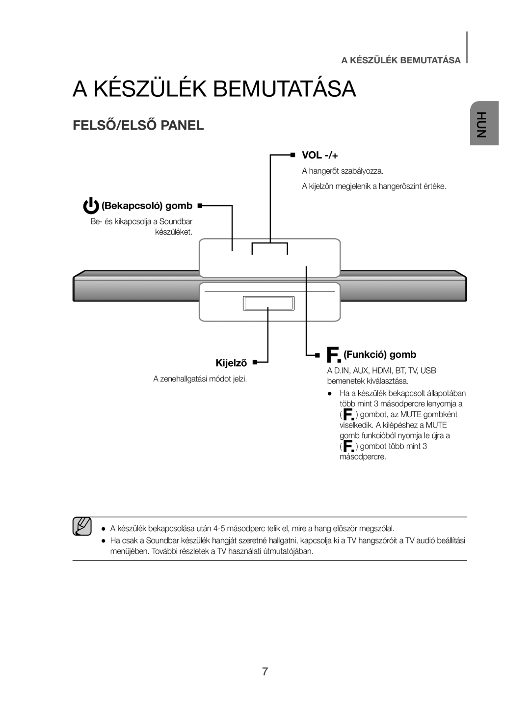 Samsung HW-H450/ZF, HW-H450/TK, HW-H450/EN Készülék Bemutatása, FELSŐ/ELSŐ Panel, Bekapcsoló gomb, Kijelző, Funkció gomb 