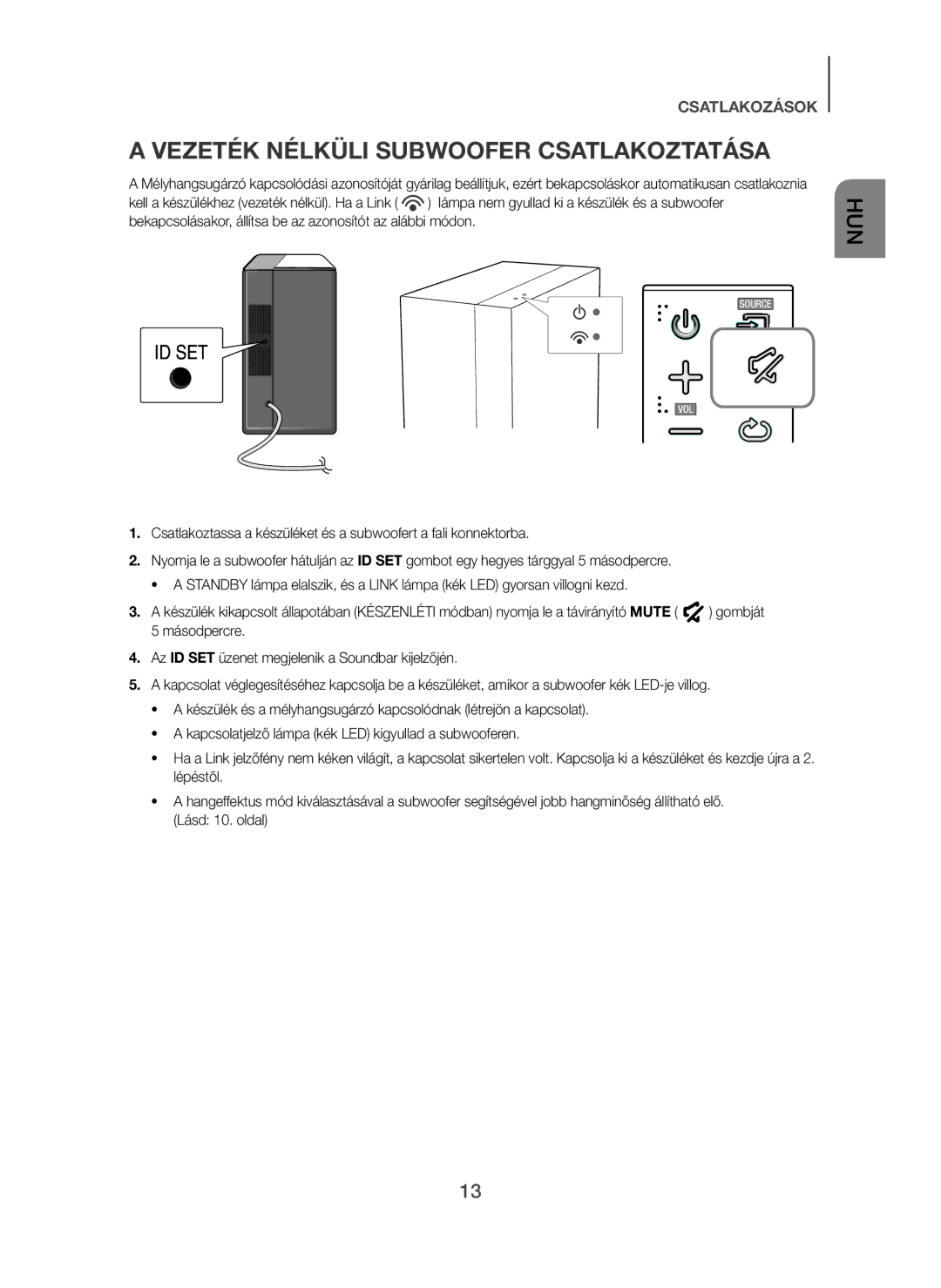 Samsung HW-H450/XN, HW-H450/TK, HW-H450/EN, HW-H450/ZF, HW-H450/XE manual Vezeték Nélküli Subwoofer Csatlakoztatása 