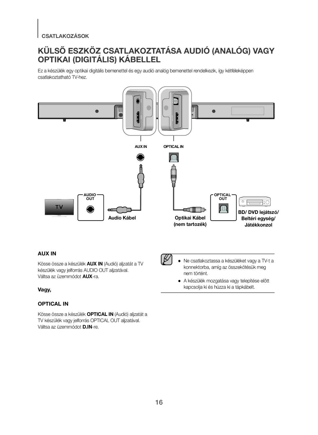 Samsung HW-H450/EN, HW-H450/TK, HW-H450/ZF, HW-H450/XN, HW-H450/XE manual Audio Kábel, Váltsa az üzemmódot AUX-ra 