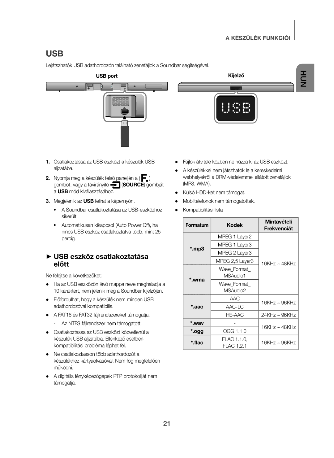 Samsung HW-H450/EN, HW-H450/TK manual + USB eszköz csatlakoztatása előtt, Ne felejtse a következőket, Kodek Mintavételi, Ogg 