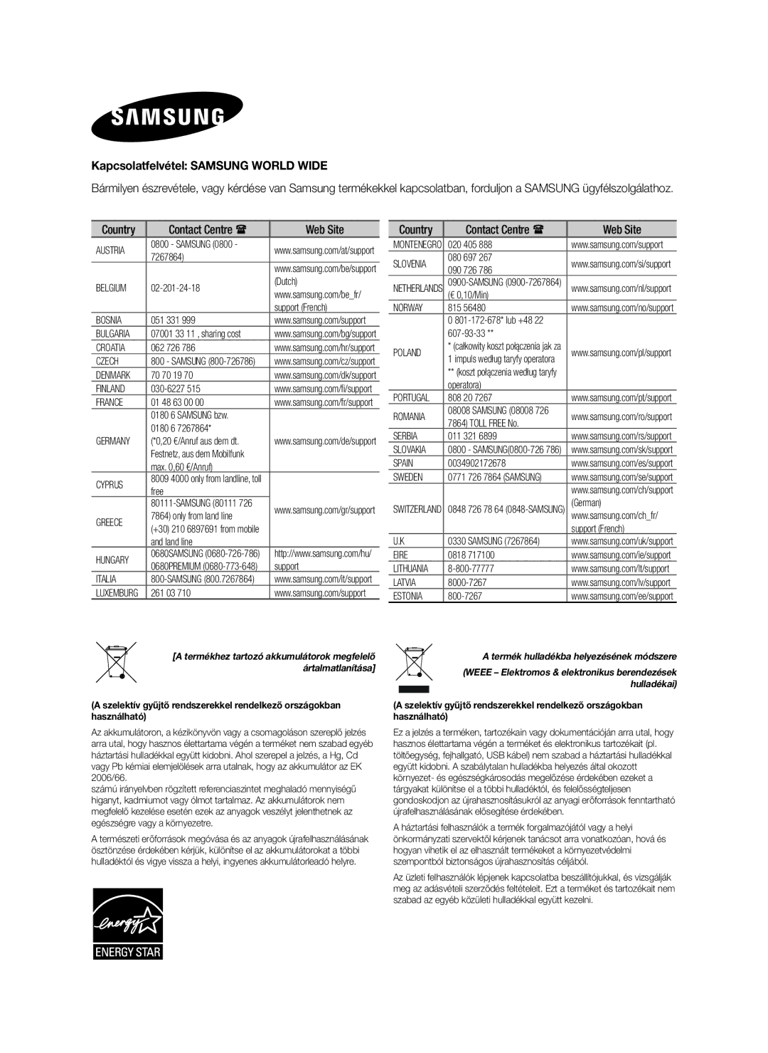 Samsung HW-H450/TK, HW-H450/EN, HW-H450/ZF Kapcsolatfelvétel Samsung World Wide, Termék hulladékba helyezésének módszere 