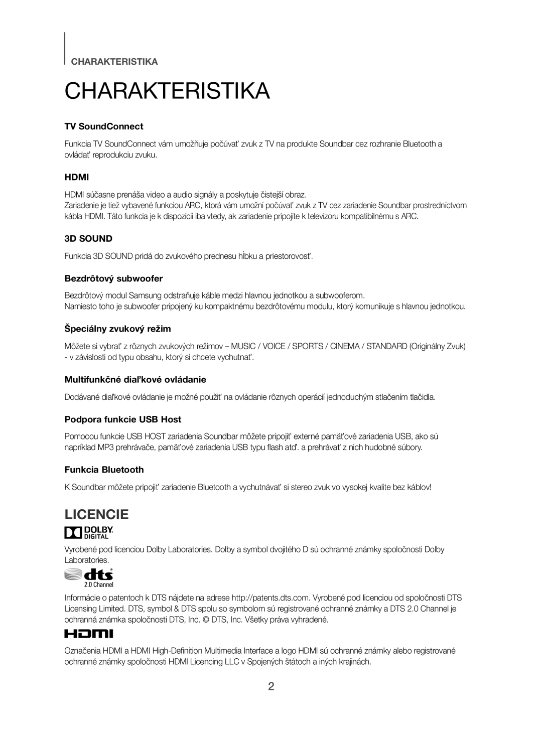 Samsung HW-H450/ZF, HW-H450/TK, HW-H450/EN, HW-H450/XN, HW-H450/XE manual Charakteristika, Licencie 