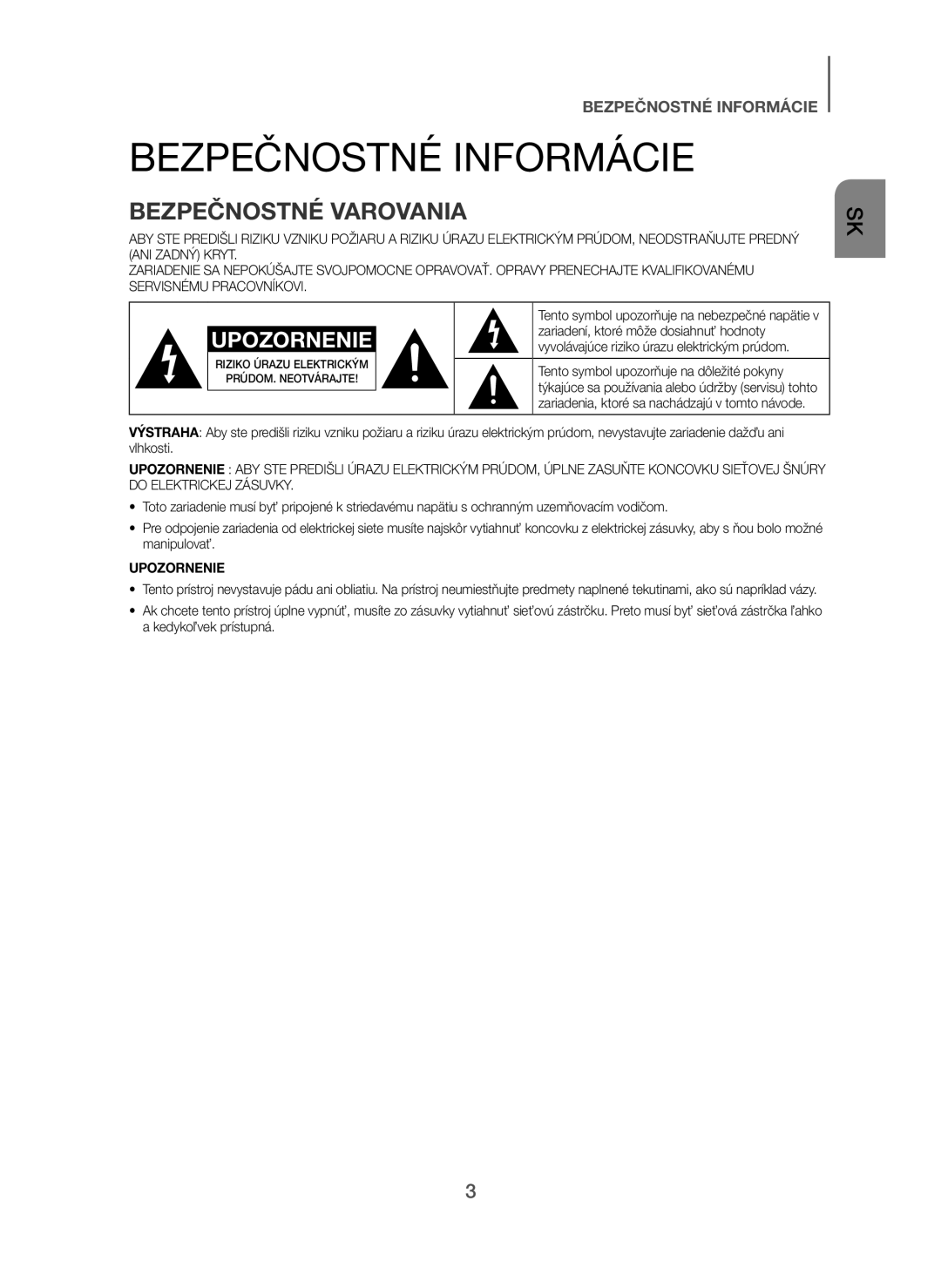 Samsung HW-H450/XN, HW-H450/TK, HW-H450/EN, HW-H450/ZF, HW-H450/XE manual Bezpečnostné Informácie, Bezpečnostné Varovania 