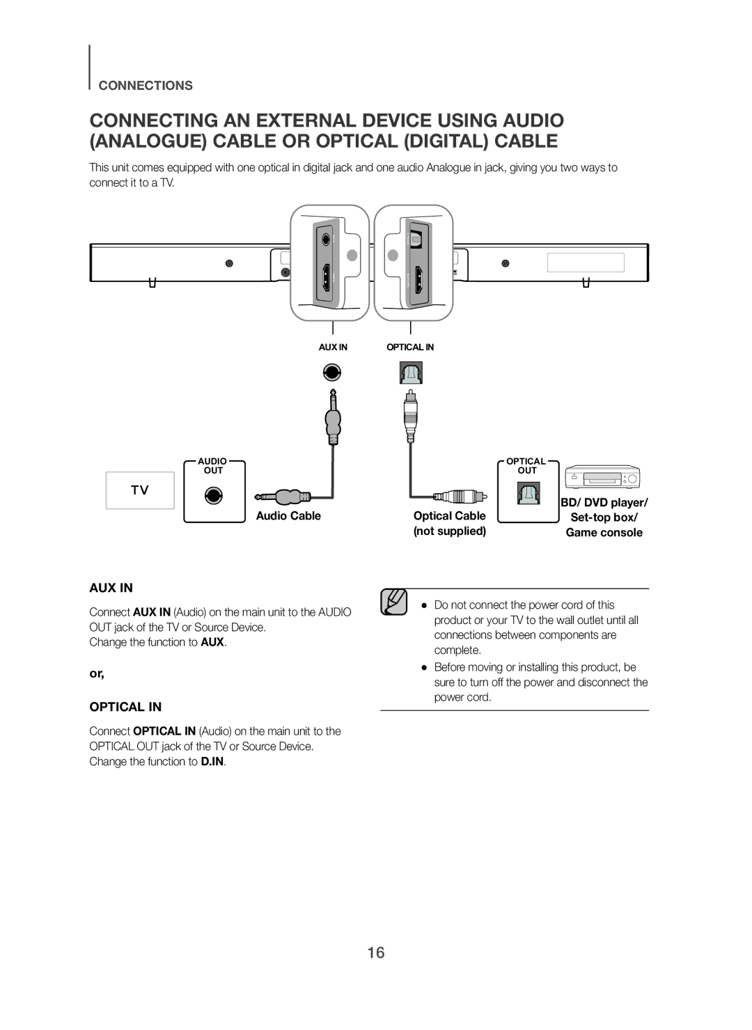 Samsung HW-H450/EN, HW-H450/TK, HW-H450/ZF, HW-H450/XN, HW-H450/XE Audio Cable, Change the function to AUX, Optical Cable 