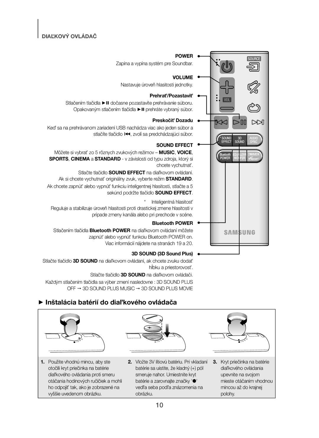 Samsung HW-H450/TK, HW-H450/EN manual + Inštalácia batérií do diaľkového ovládača, Prehrať/Pozastaviť, Preskočiť Dozadu 