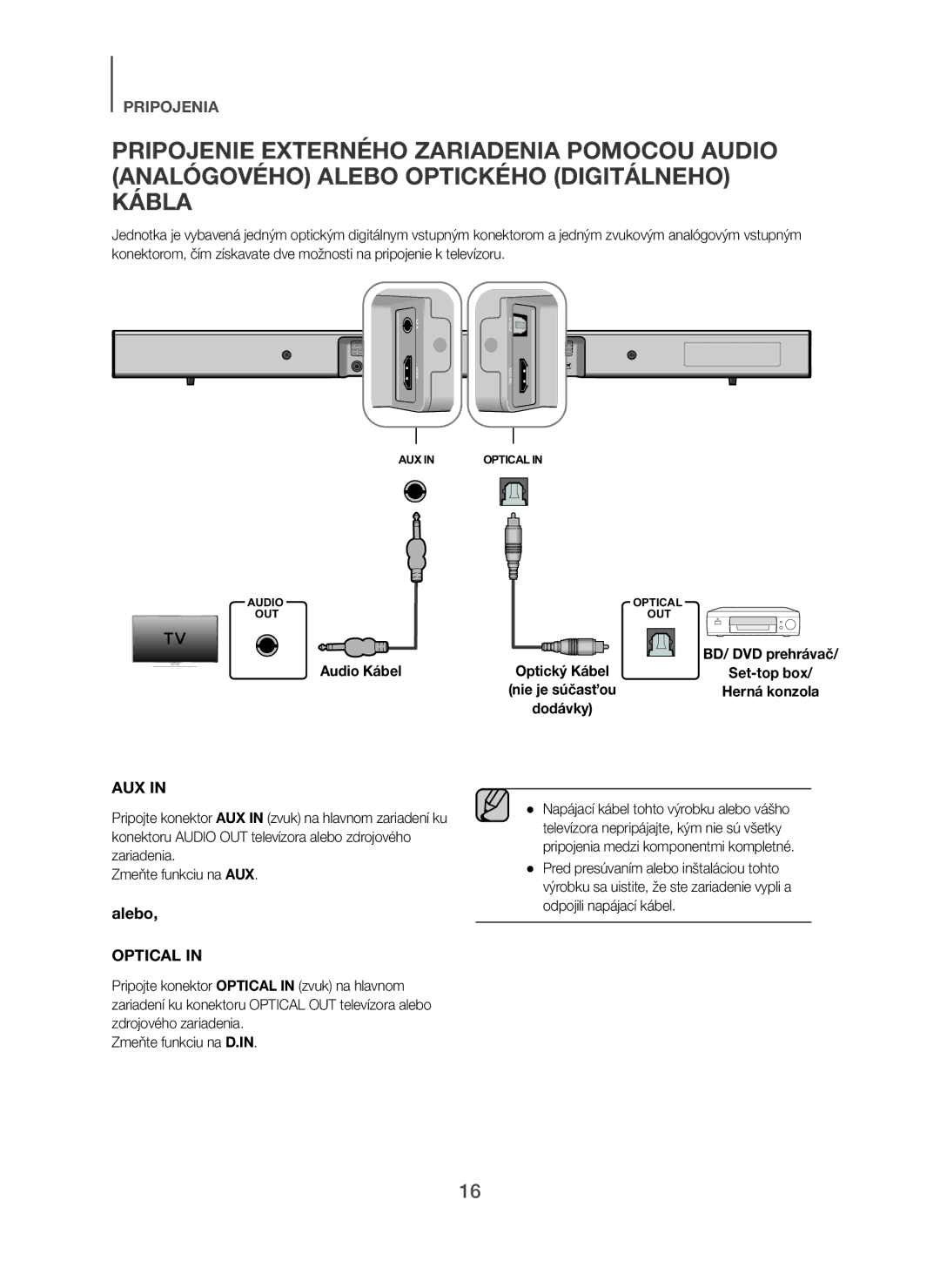 Samsung HW-H450/EN, HW-H450/TK, HW-H450/ZF, HW-H450/XN, HW-H450/XE manual Audio Kábel Optický Kábel 