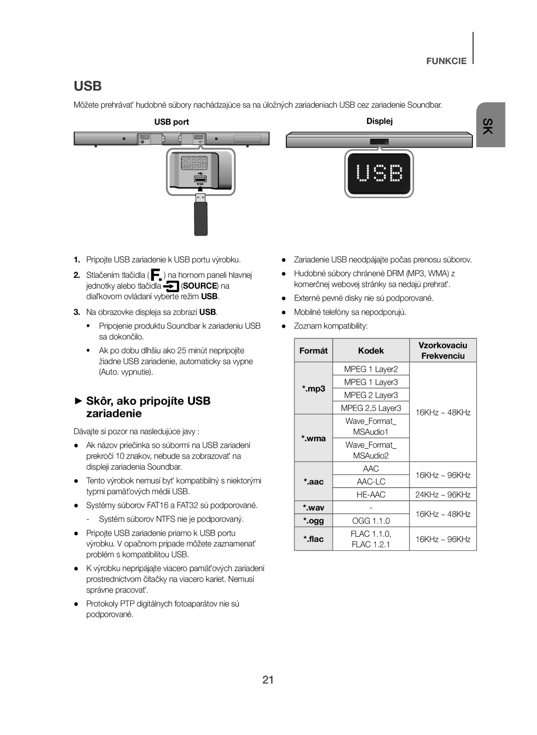 Samsung HW-H450/EN, HW-H450/TK manual + Skôr, ako pripojíte USB zariadenie, Pripojte USB zariadenie k USB portu výrobku 