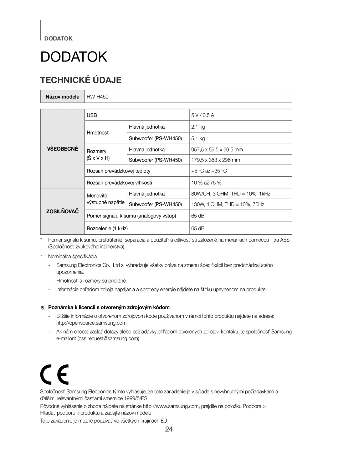 Samsung HW-H450/XE, HW-H450/TK, HW-H450/EN, HW-H450/ZF manual Dodatok, Technické Údaje, Názov modelu, Hmotnosť Hlavná jednotka 