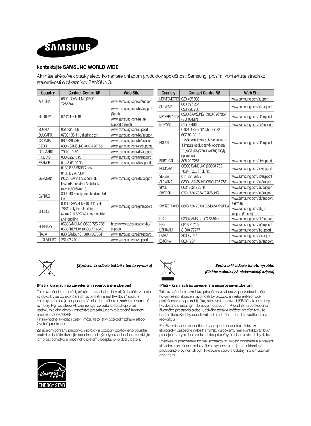 Samsung HW-H450/TK, HW-H450/EN manual Kontaktujte Samsung World Wide, Platí v krajinách so zavedeným separovaným zberom 