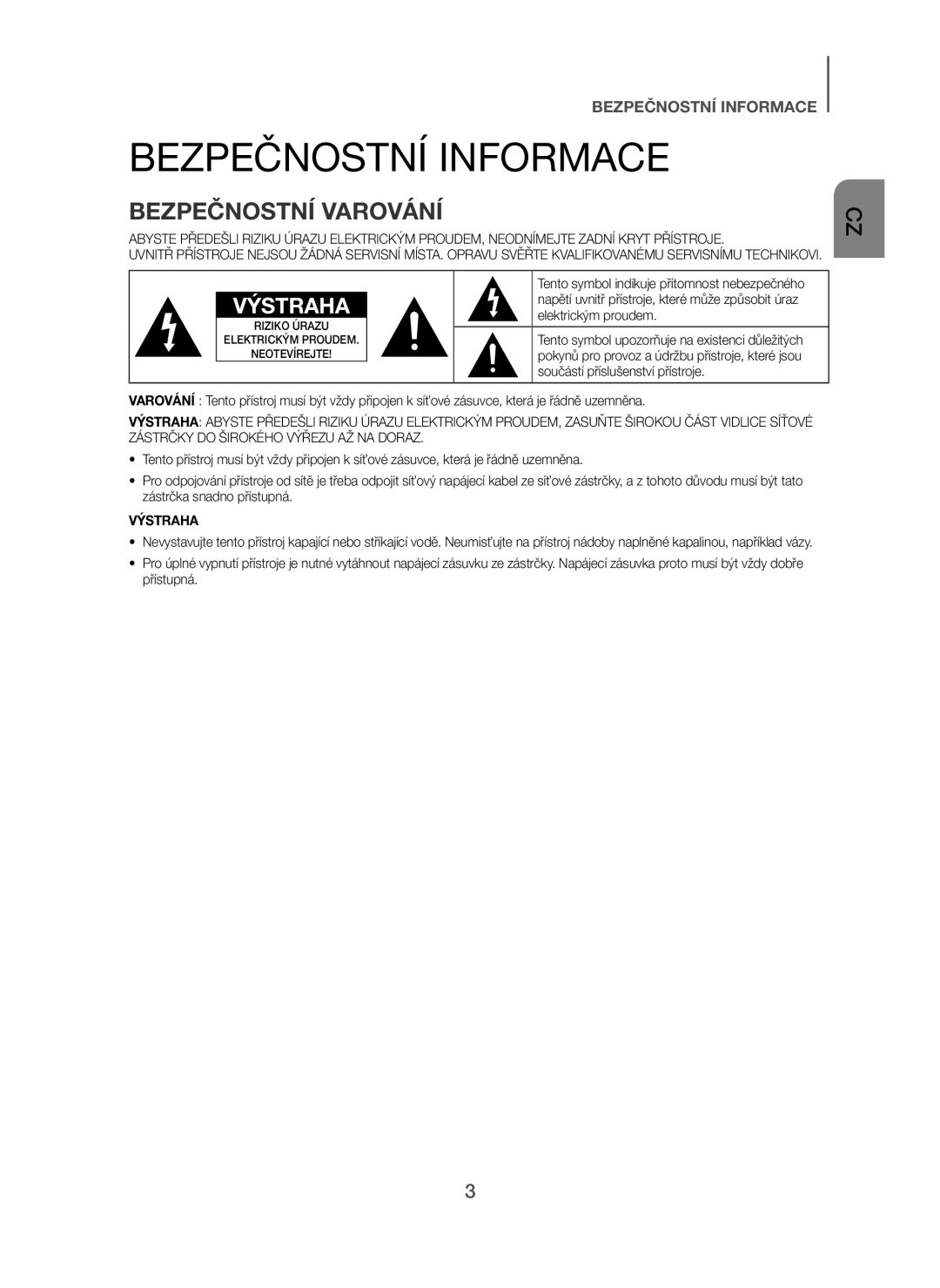 Samsung HW-H450/XN, HW-H450/TK, HW-H450/EN, HW-H450/ZF, HW-H450/XE manual Bezpečnostní Informace, Bezpečnostní Varování 