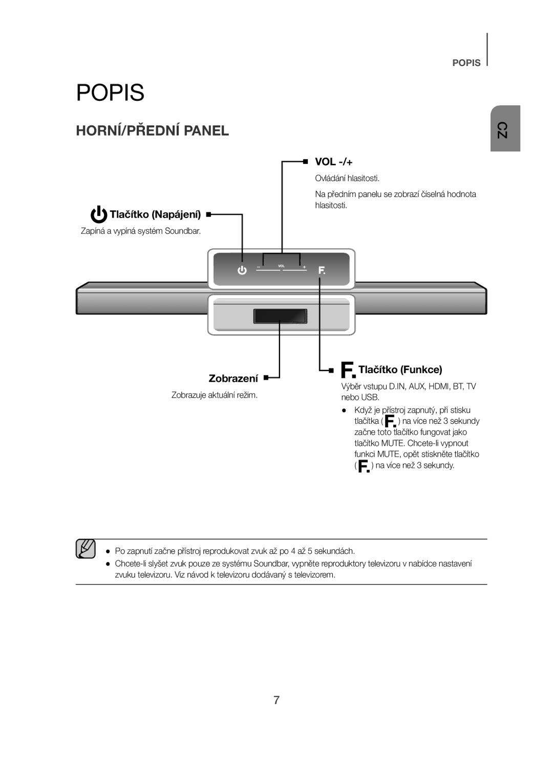 Samsung HW-H450/ZF, HW-H450/TK, HW-H450/EN, HW-H450/XN HORNÍ/PŘEDNÍ Panel, Tlačítko Napájení, Zobrazení, Tlačítko Funkce 