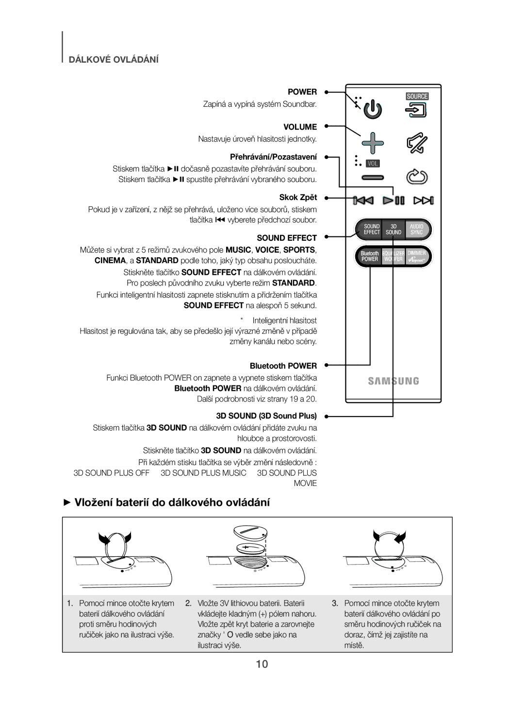 Samsung HW-H450/TK + Vložení baterií do dálkového ovládání, Přehrávání/Pozastavení, Skok Zpět, Změny kanálu nebo scény 