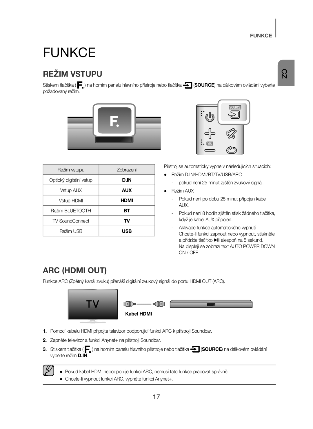 Samsung HW-H450/ZF, HW-H450/TK, HW-H450/EN, HW-H450/XN manual Funkce, Na displeji se zobrazí text Auto Power Down on / OFF 