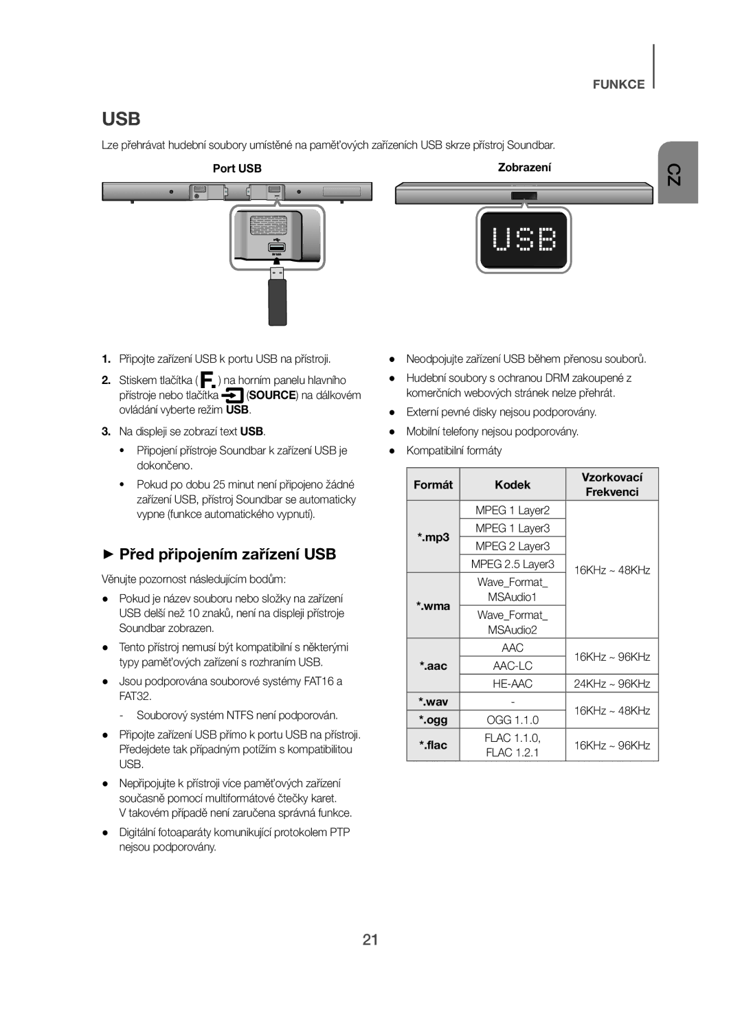 Samsung HW-H450/EN + Před připojením zařízení USB, Připojte zařízení USB k portu USB na přístroji, Formát Kodek Vzorkovací 