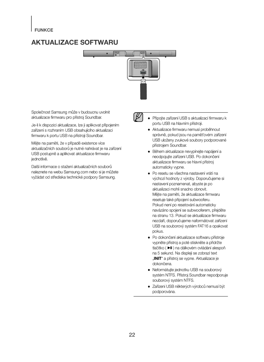 Samsung HW-H450/ZF, HW-H450/TK, HW-H450/EN manual Aktualizace Softwaru, Zařízení USB některých výrobců nemusí být podporována 