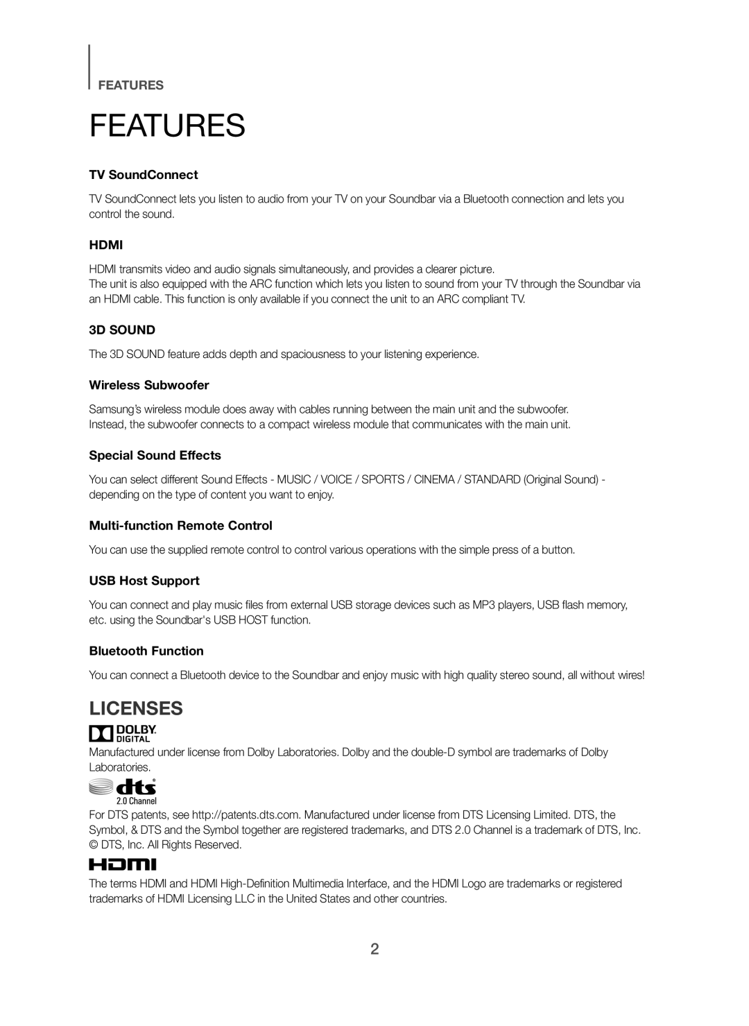 Samsung HW-H450/ZF, HW-H450/TK, HW-H450/EN, HW-H450/XN, HW-H450/XE manual Features, Licenses 