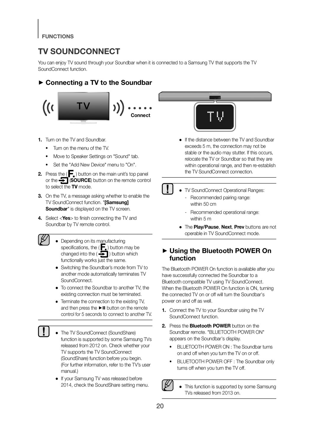 Samsung HW-H450/TK, HW-H450/EN TV Soundconnect, + Connecting a TV to the Soundbar, + Using the Bluetooth Power On function 