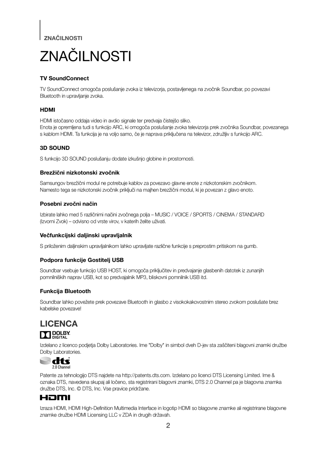 Samsung HW-H450/ZF, HW-H450/TK, HW-H450/EN, HW-H450/XN, HW-H450/XE manual Značilnosti, Licenca 