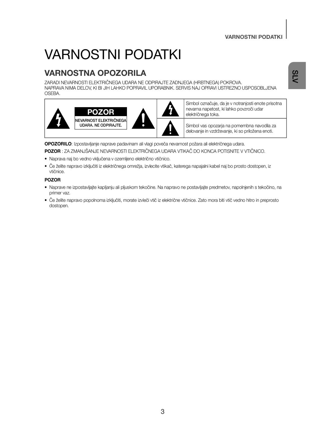 Samsung HW-H450/XN, HW-H450/TK, HW-H450/EN, HW-H450/ZF, HW-H450/XE manual Varnostni Podatki, Varnostna Opozorila 