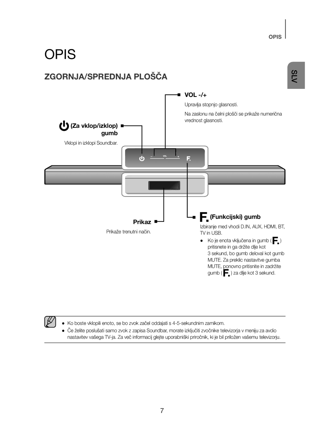 Samsung HW-H450/ZF, HW-H450/TK, HW-H450/EN Opis, ZGORNJA/SPREDNJA Plošča, Za vklop/izklop gumb, Prikaz, Funkcijski gumb 