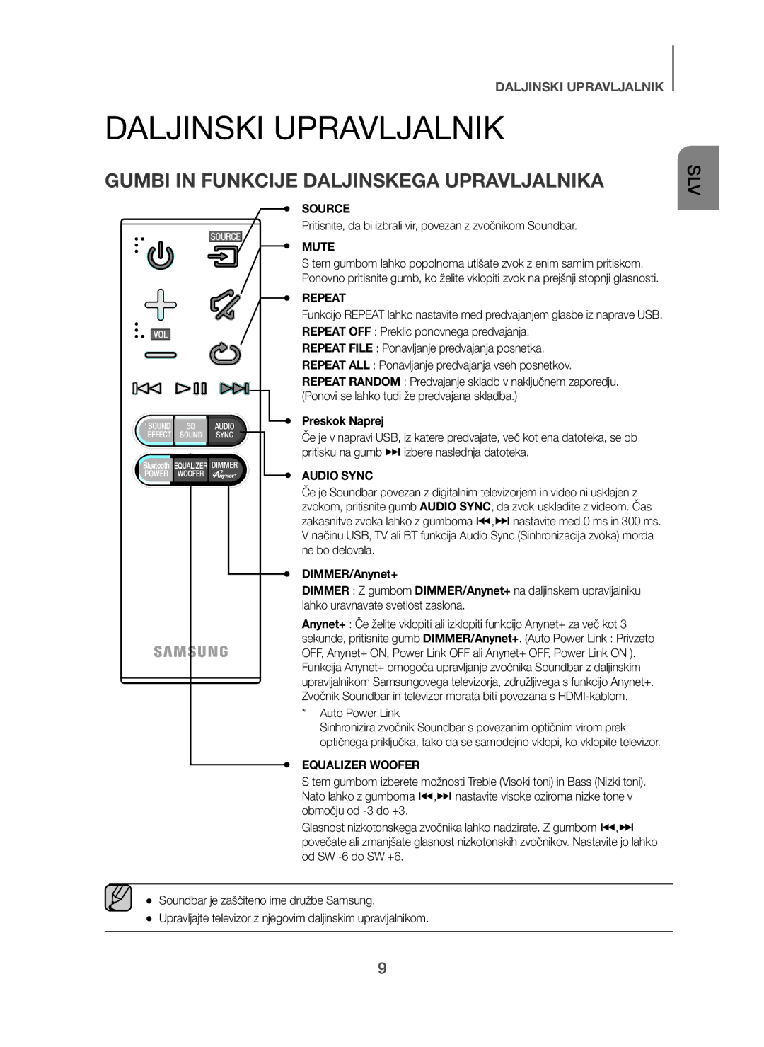 Samsung HW-H450/XE, HW-H450/TK manual Daljinski Upravljalnik, Gumbi in Funkcije Daljinskega Upravljalnika, Preskok Naprej 