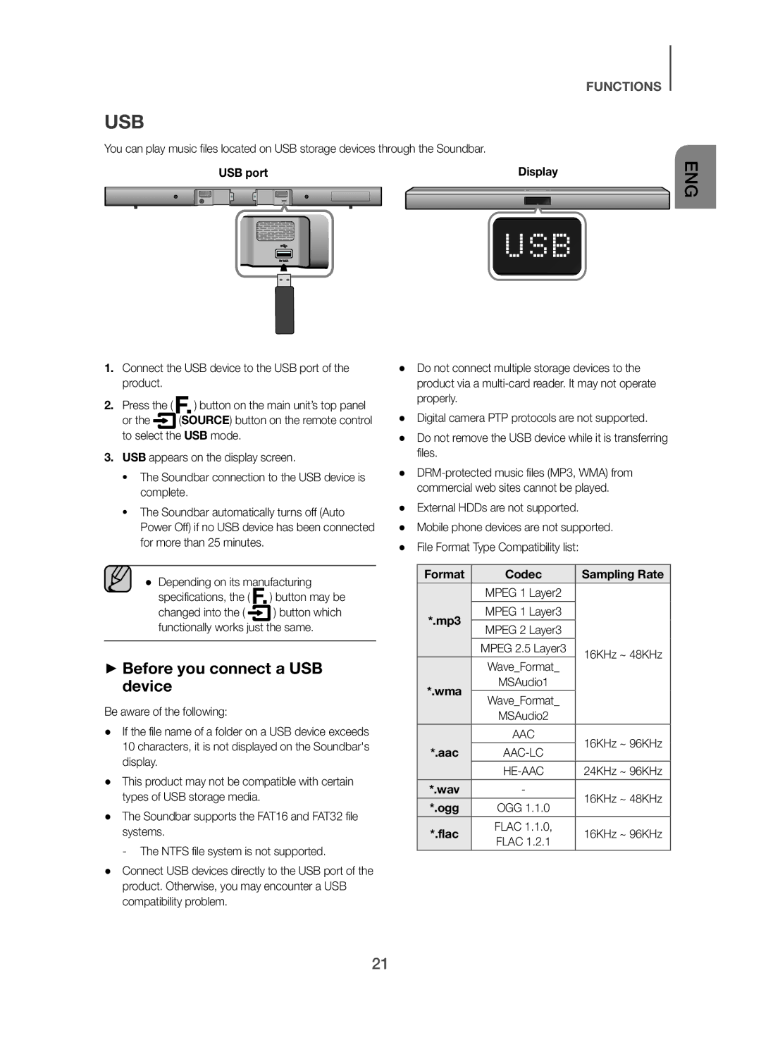 Samsung HW-H450/EN, HW-H450/TK manual Usb, + Before you connect a USB device, USB port, Format Codec Sampling Rate, Mp3 