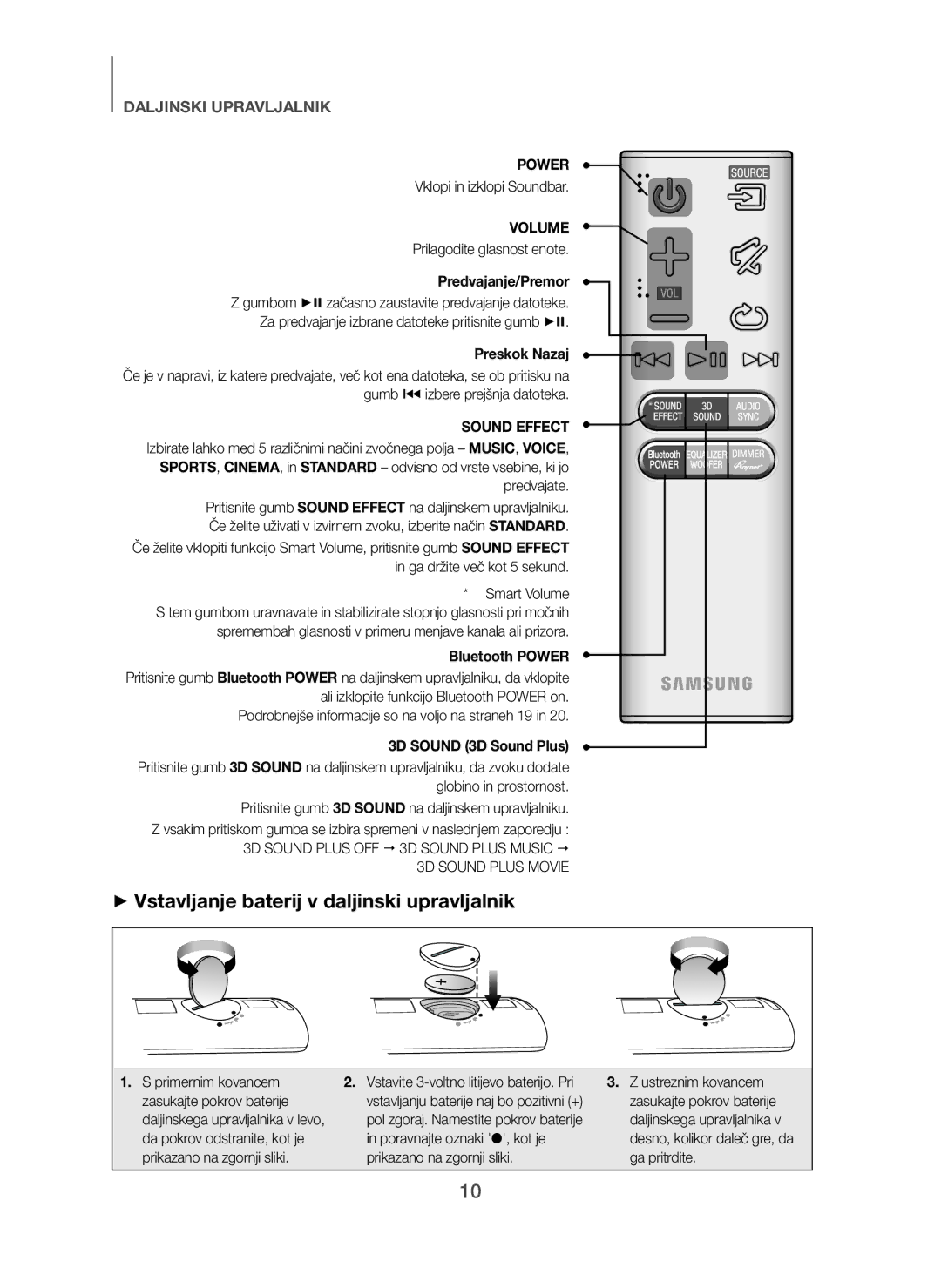 Samsung HW-H450/TK, HW-H450/EN manual + Vstavljanje baterij v daljinski upravljalnik, Predvajanje/Premor, Preskok Nazaj 