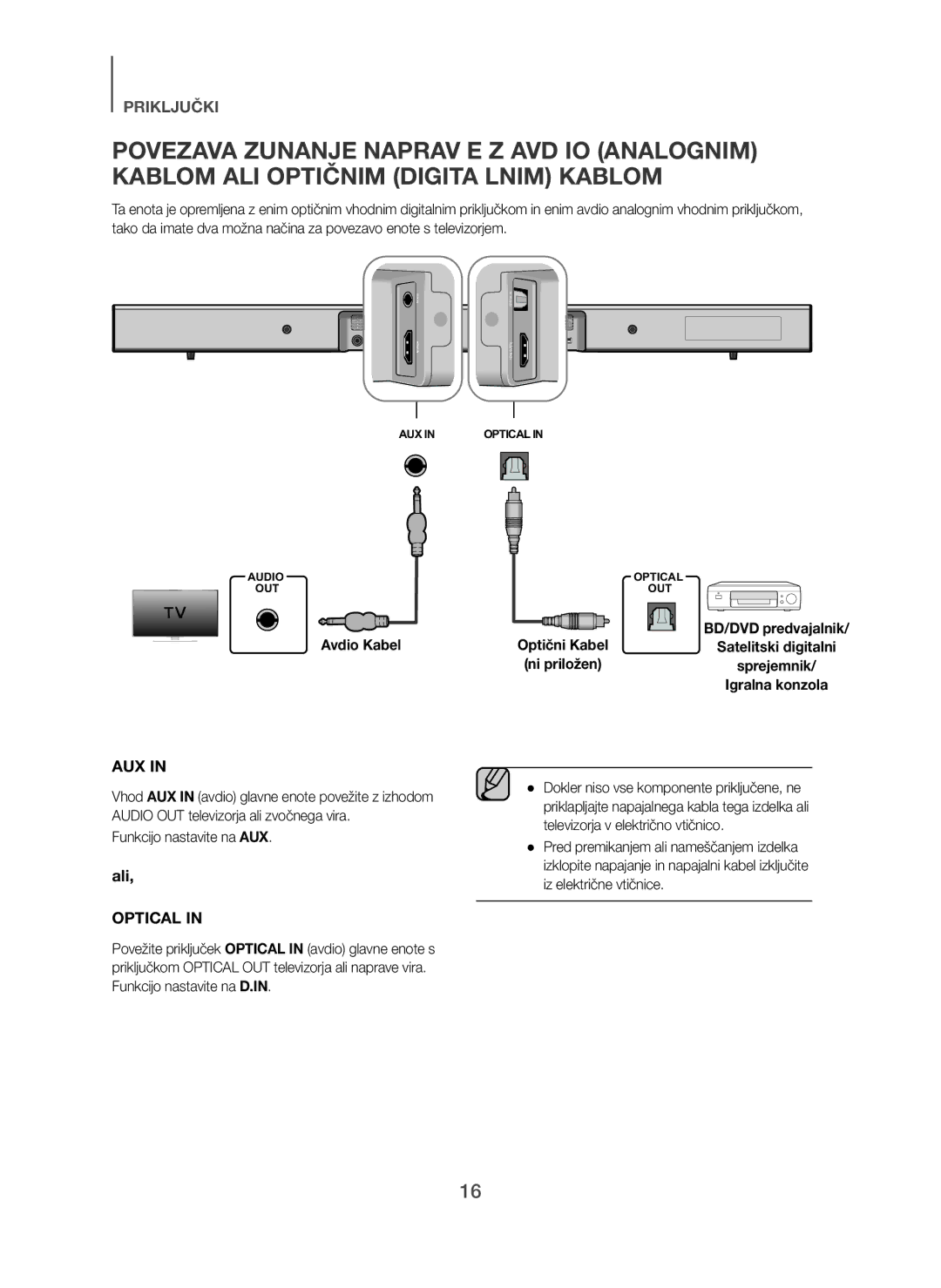 Samsung HW-H450/EN, HW-H450/TK, HW-H450/ZF, HW-H450/XN, HW-H450/XE manual Avdio Kabel, Funkcijo nastavite na AUX 