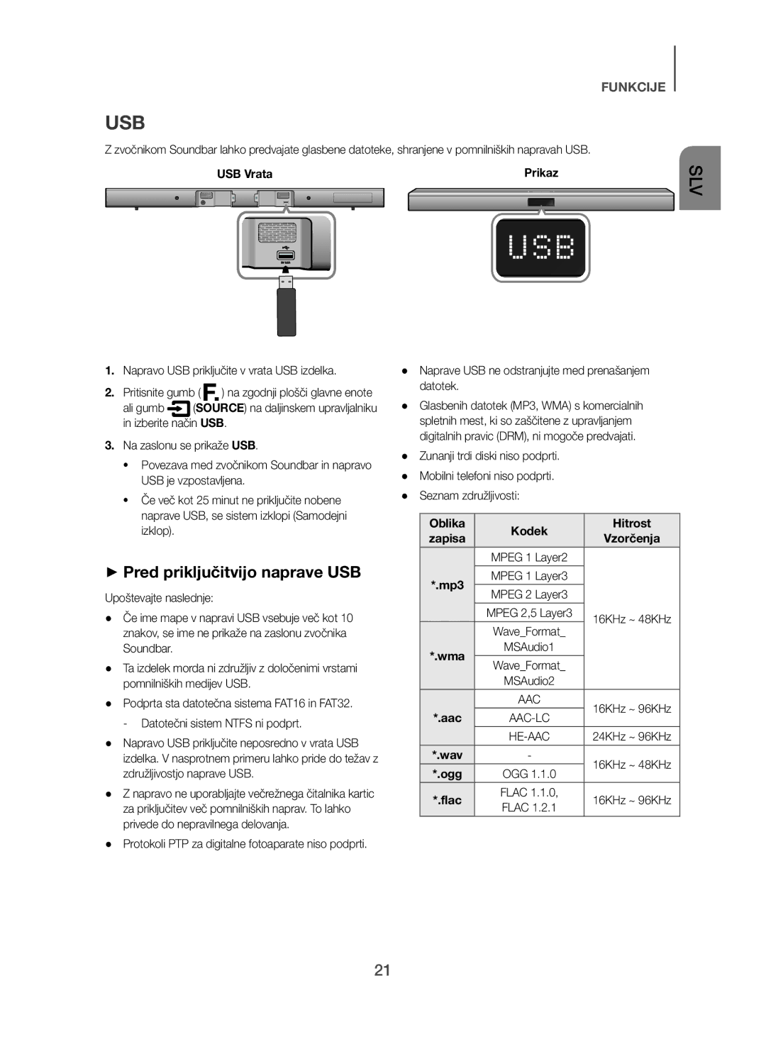 Samsung HW-H450/EN, HW-H450/TK + Pred priključitvijo naprave USB, USB Vrata, Napravo USB priključite v vrata USB izdelka 