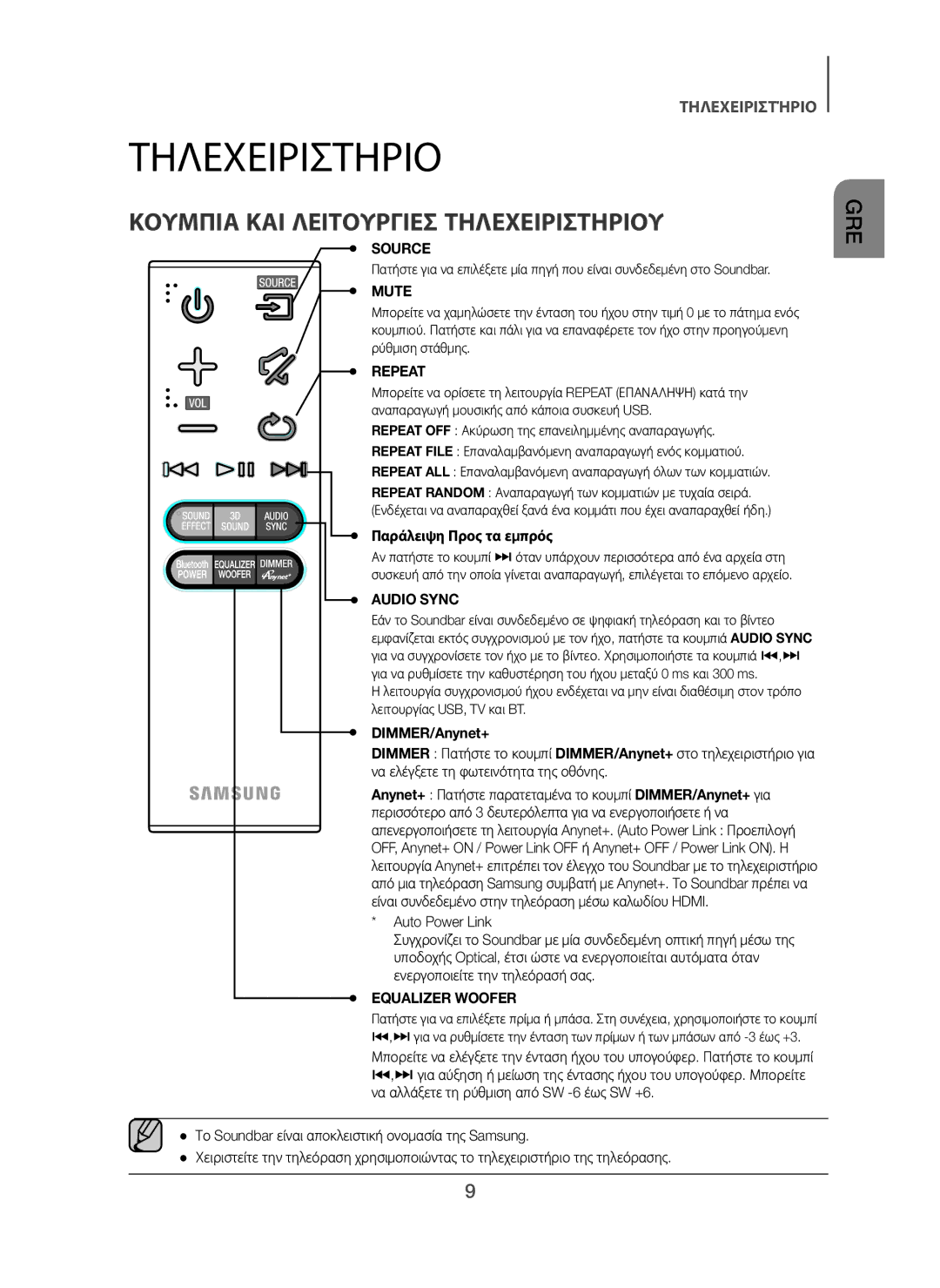 Samsung HW-H450/XE, HW-H450/TK, HW-H450/EN manual Κουμπια ΚΑΙ Λειτουργιεσ Τηλεχειριστηριου, Παράλειψη Προς τα εμπρός 