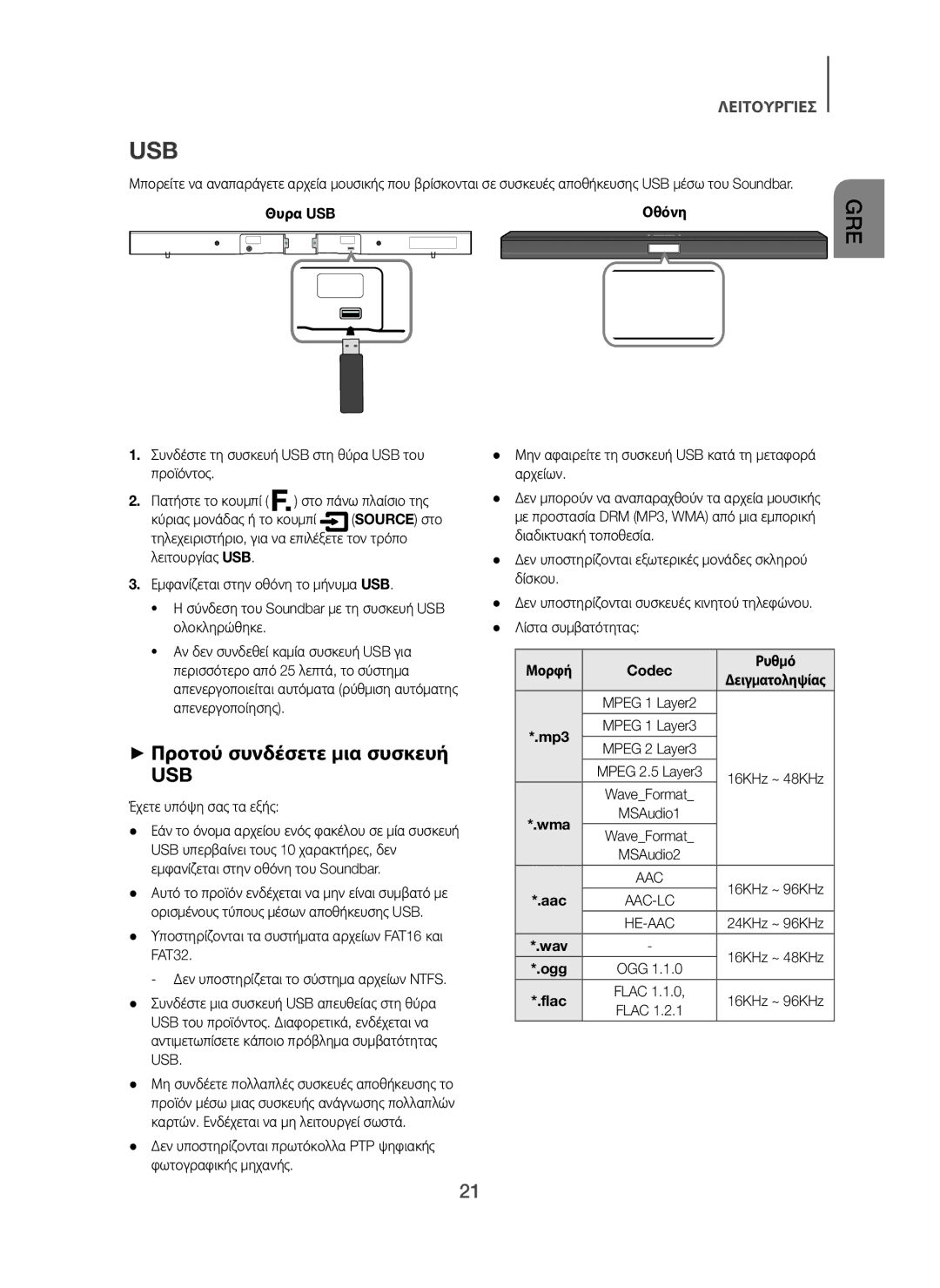 Samsung HW-H450/EN, HW-H450/TK manual + Προτού συνδέσετε μια συσκευή, Θυρα USB, Έχετε υπόψη σας τα εξής, Μορφή Codec Ρυθμό 