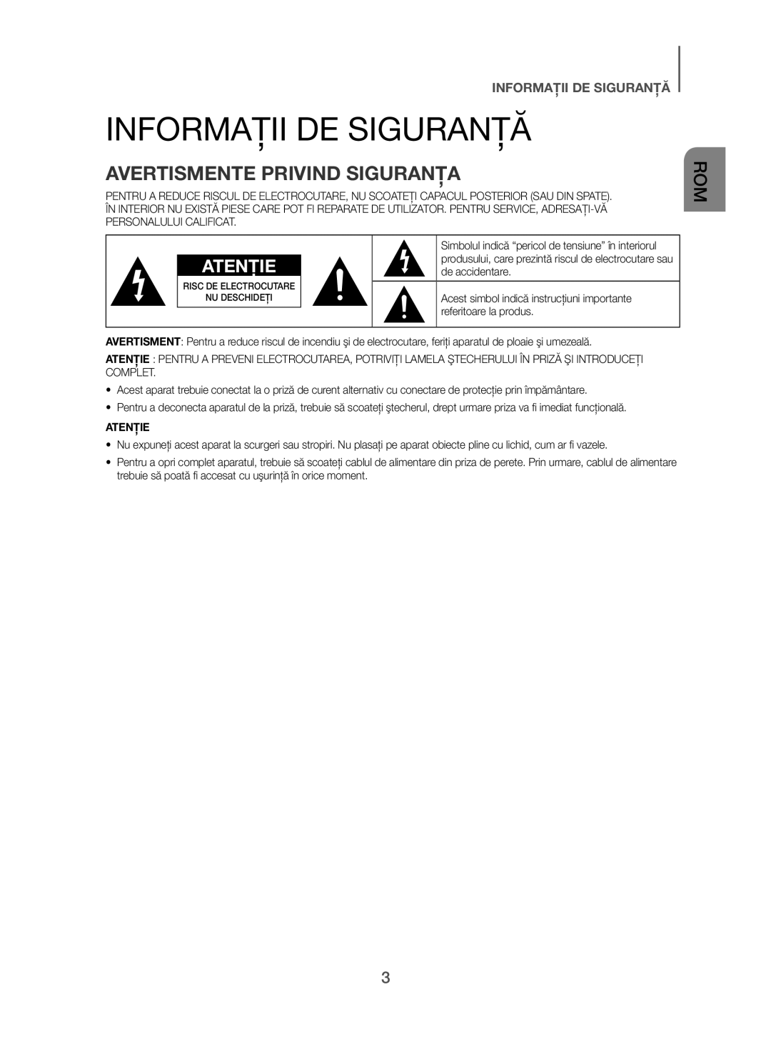 Samsung HW-H450/XN, HW-H450/TK, HW-H450/EN, HW-H450/ZF, HW-H450/XE Informaţii DE Siguranţă, Avertismente Privind Siguranţa 