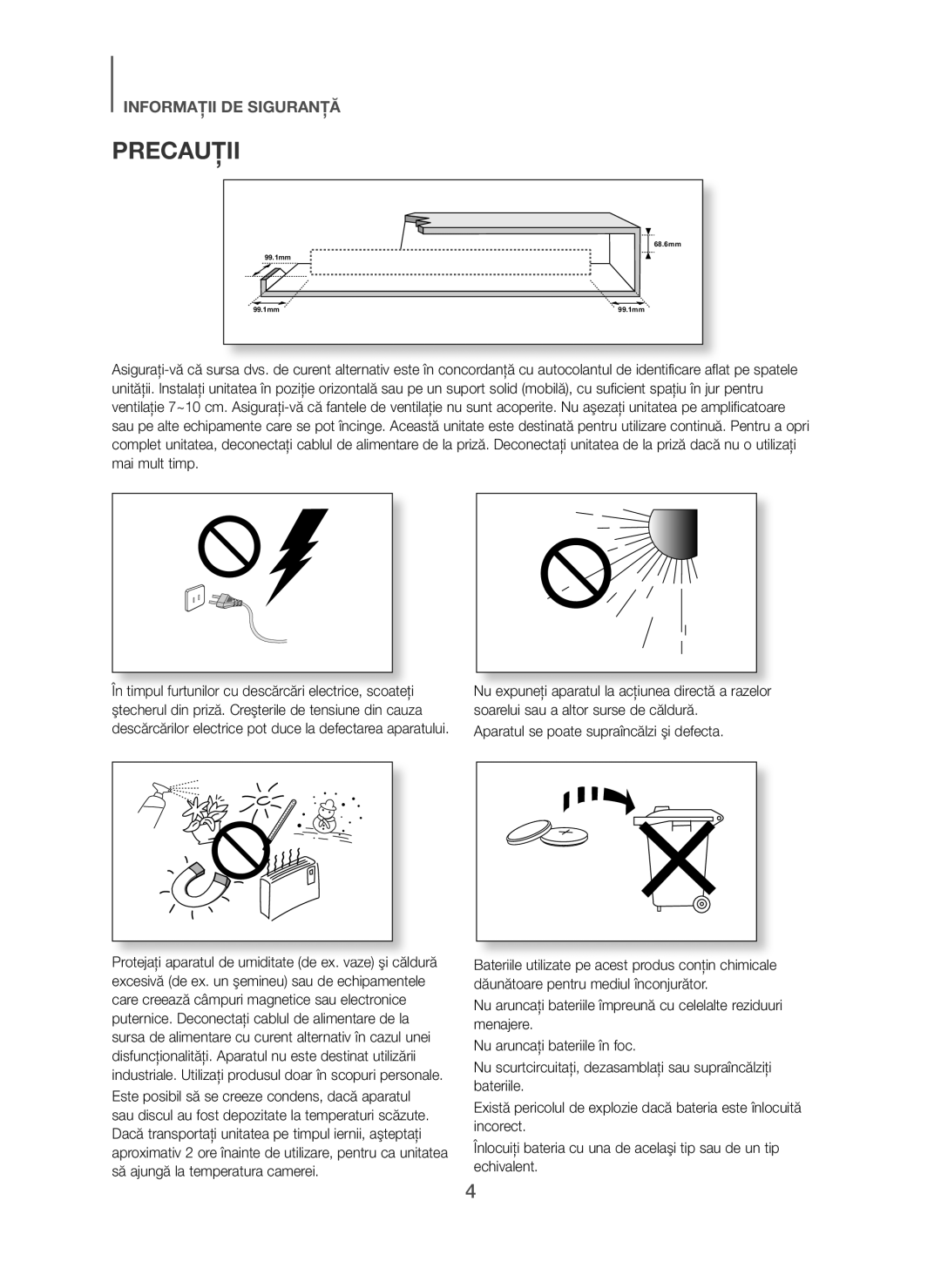 Samsung HW-H450/XE, HW-H450/TK, HW-H450/EN, HW-H450/ZF, HW-H450/XN manual Precauţii 