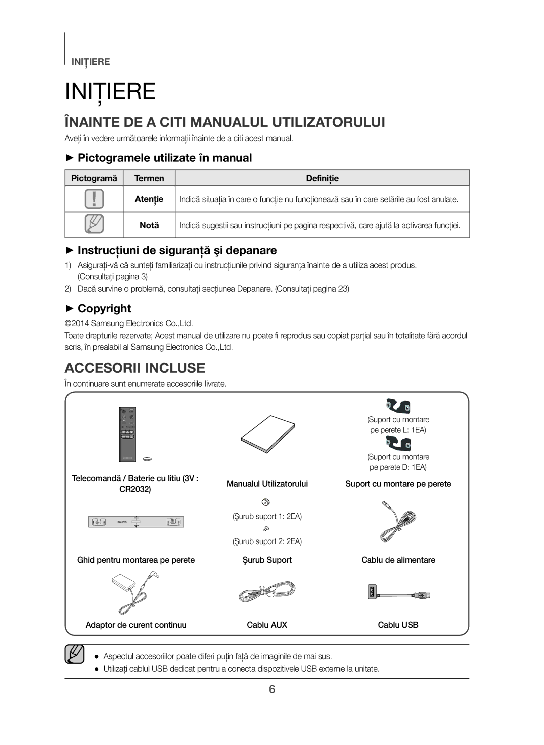 Samsung HW-H450/EN, HW-H450/TK, HW-H450/ZF manual Iniţiere, Înainte DE a Citi Manualul Utilizatorului, Accesorii Incluse 