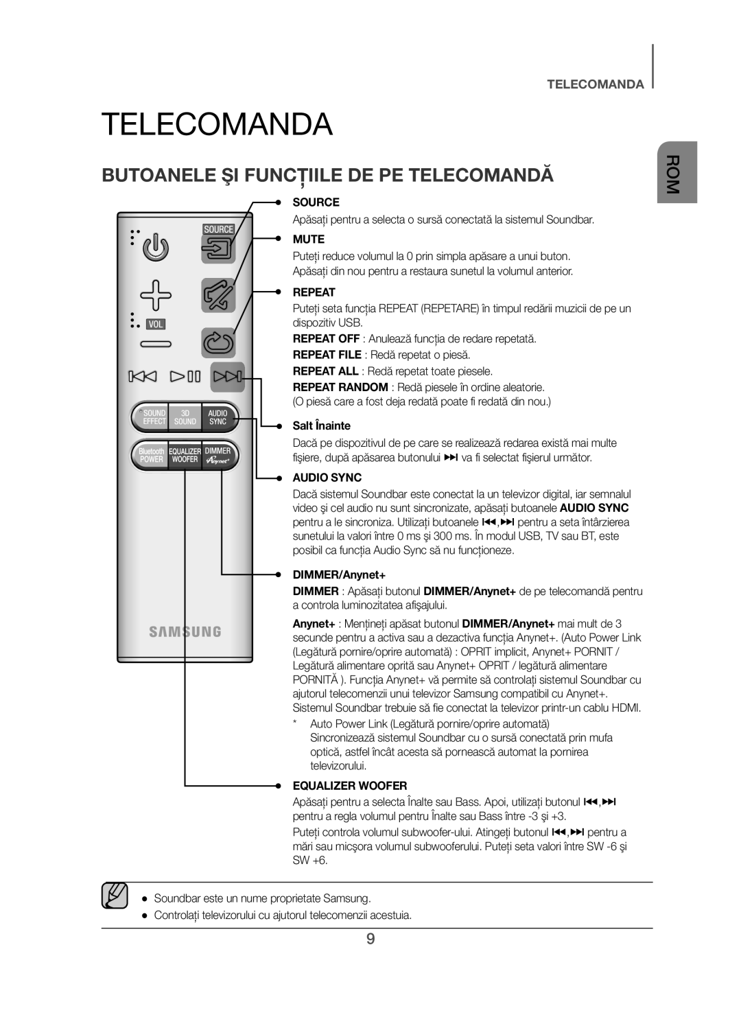 Samsung HW-H450/XE, HW-H450/TK, HW-H450/EN, HW-H450/ZF Telecomanda, Butoanele ŞI Funcţiile DE PE Telecomandă, Salt Înainte 