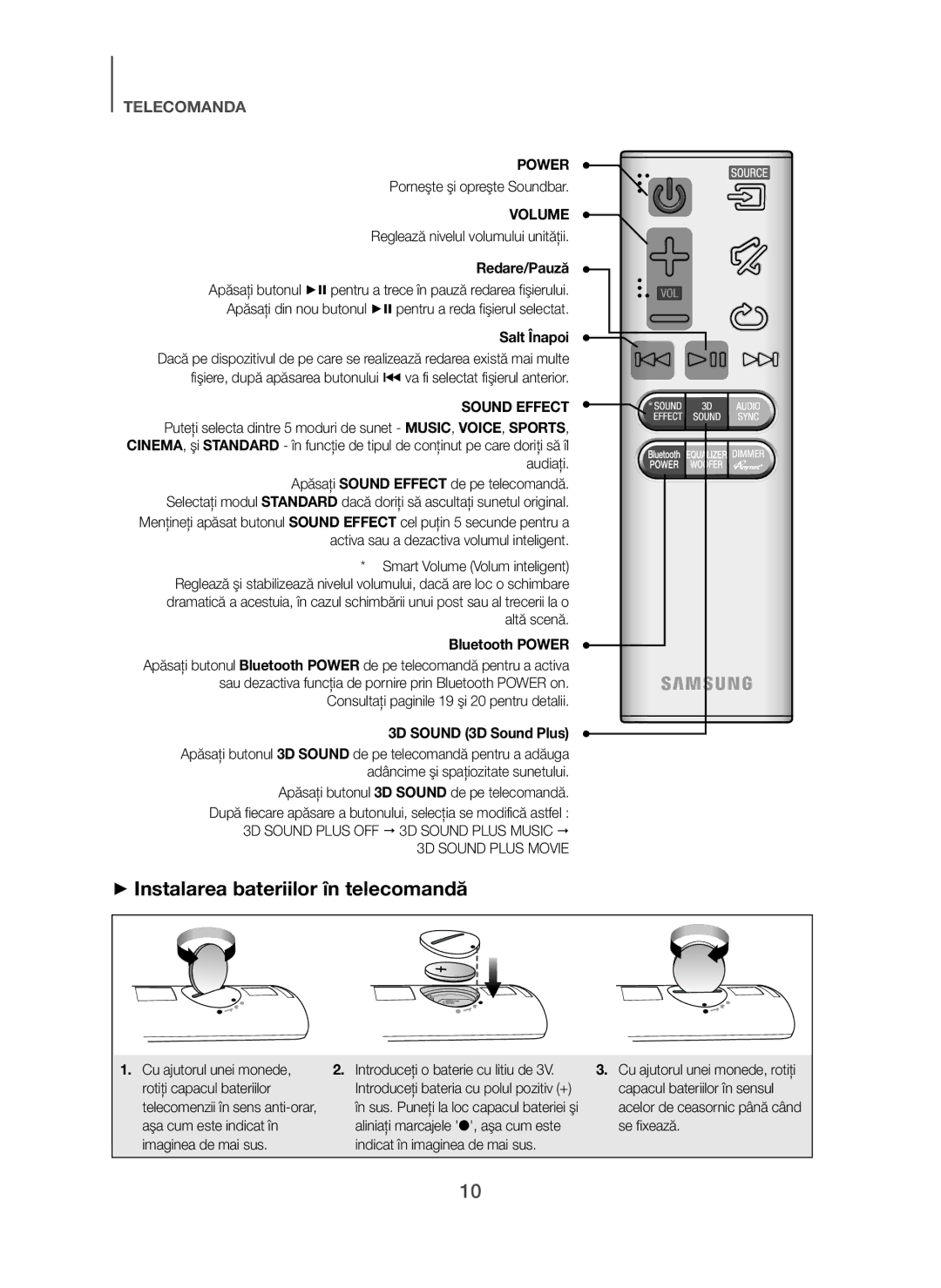 Samsung HW-H450/TK, HW-H450/EN, HW-H450/ZF, HW-H450/XN + Instalarea bateriilor în telecomandă, Redare/Pauză, Salt Înapoi 