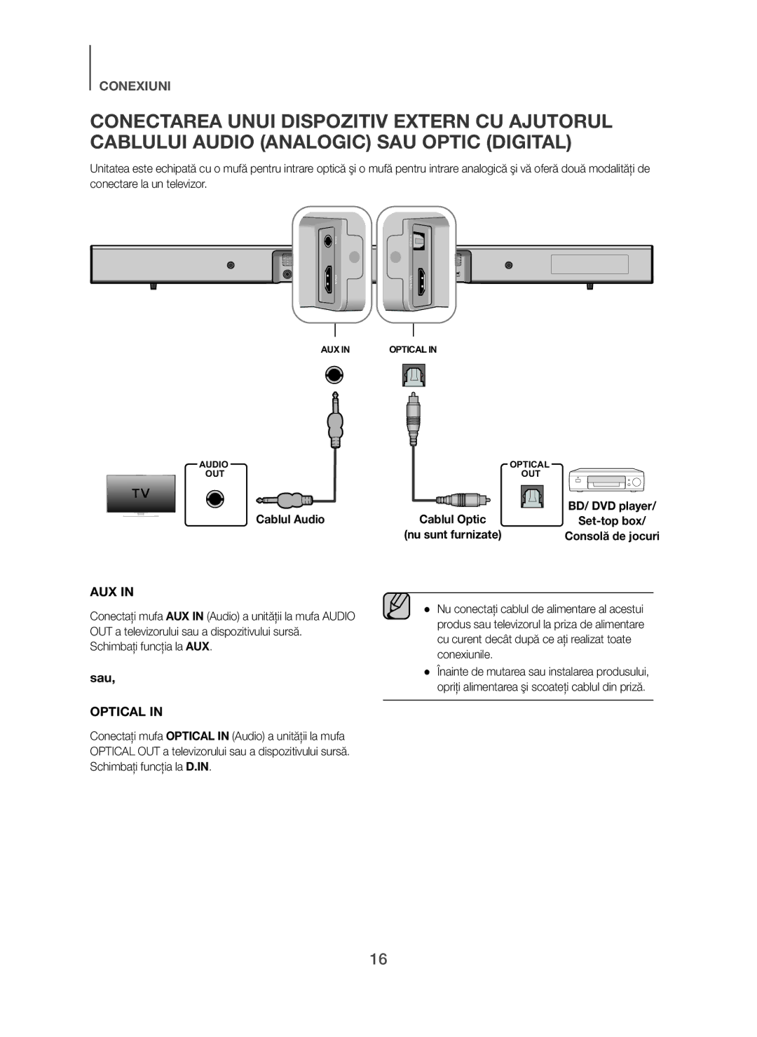 Samsung HW-H450/EN, HW-H450/TK, HW-H450/ZF, HW-H450/XN, HW-H450/XE manual Cablul Audio, Schimbaţi funcţia la AUX 