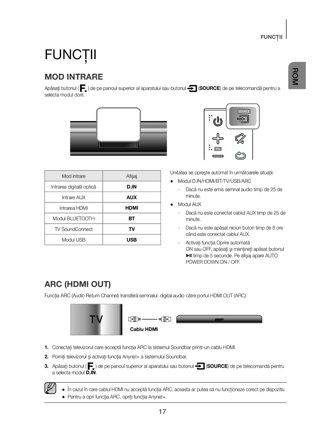 Samsung HW-H450/ZF Funcţii, MOD Intrare, Mod intrare Afişaj, Cablu Hdmi, Pentru a opri funcţia ARC, opriţi funcţia Anynet+ 