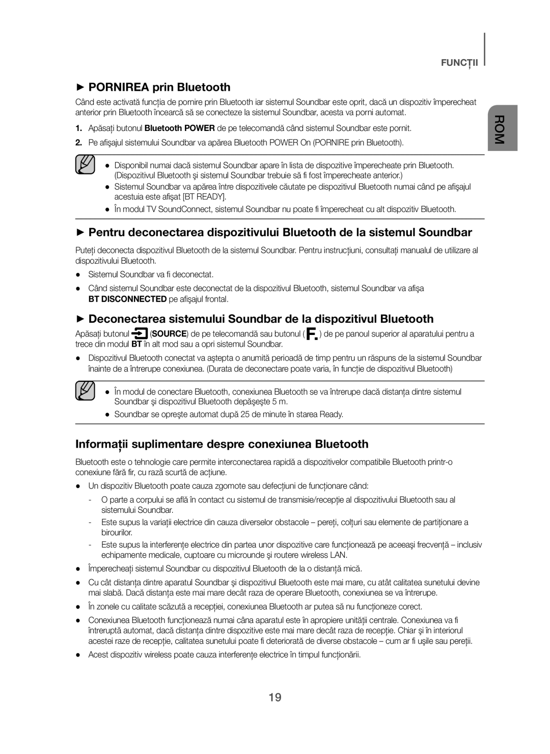 Samsung HW-H450/XE, HW-H450/TK, HW-H450/EN + Pornirea prin Bluetooth, Informaţii suplimentare despre conexiunea Bluetooth 