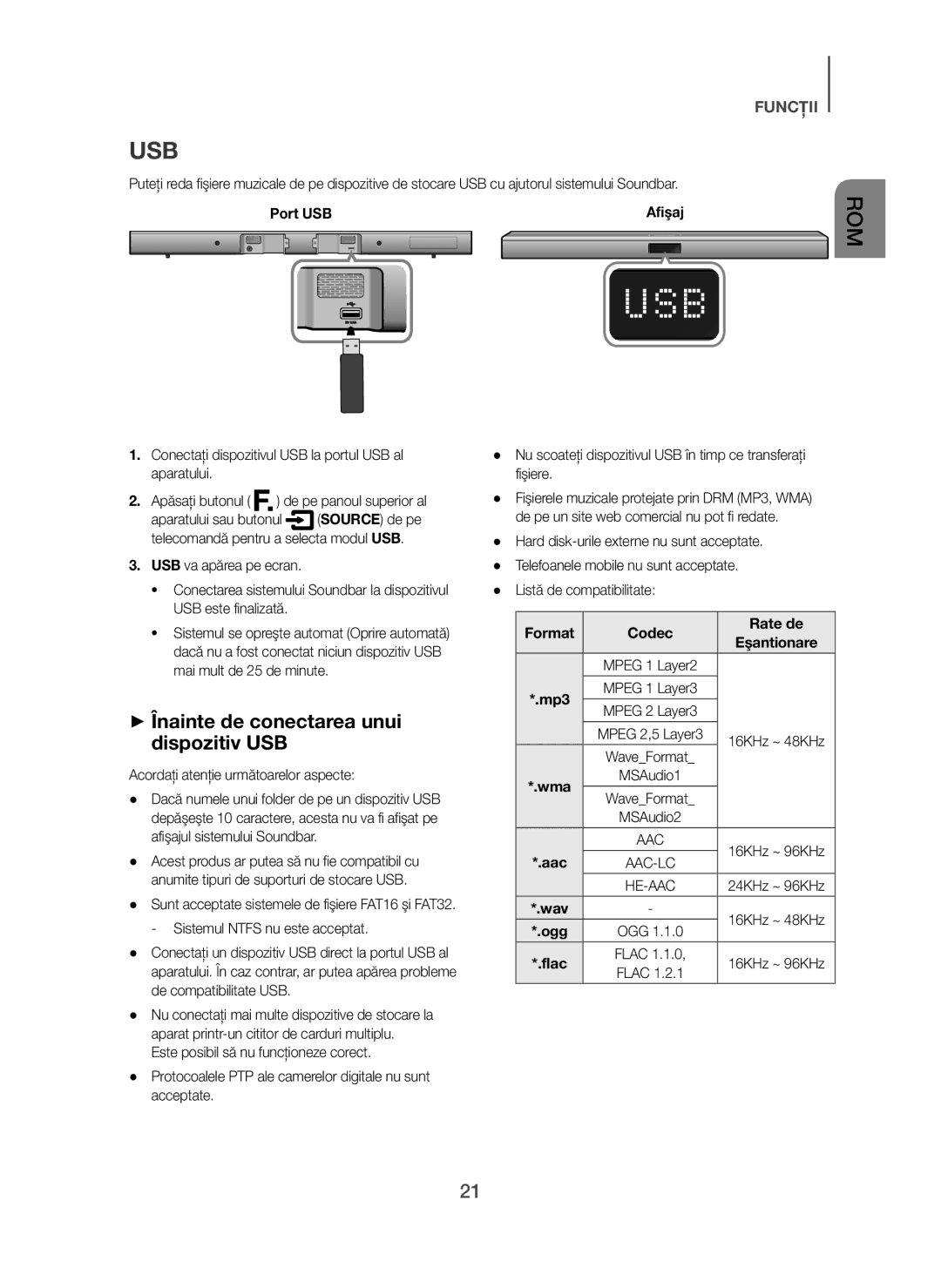 Samsung HW-H450/EN, HW-H450/TK manual + Înainte de conectarea unui dispozitiv USB, Acordaţi atenţie următoarelor aspecte 