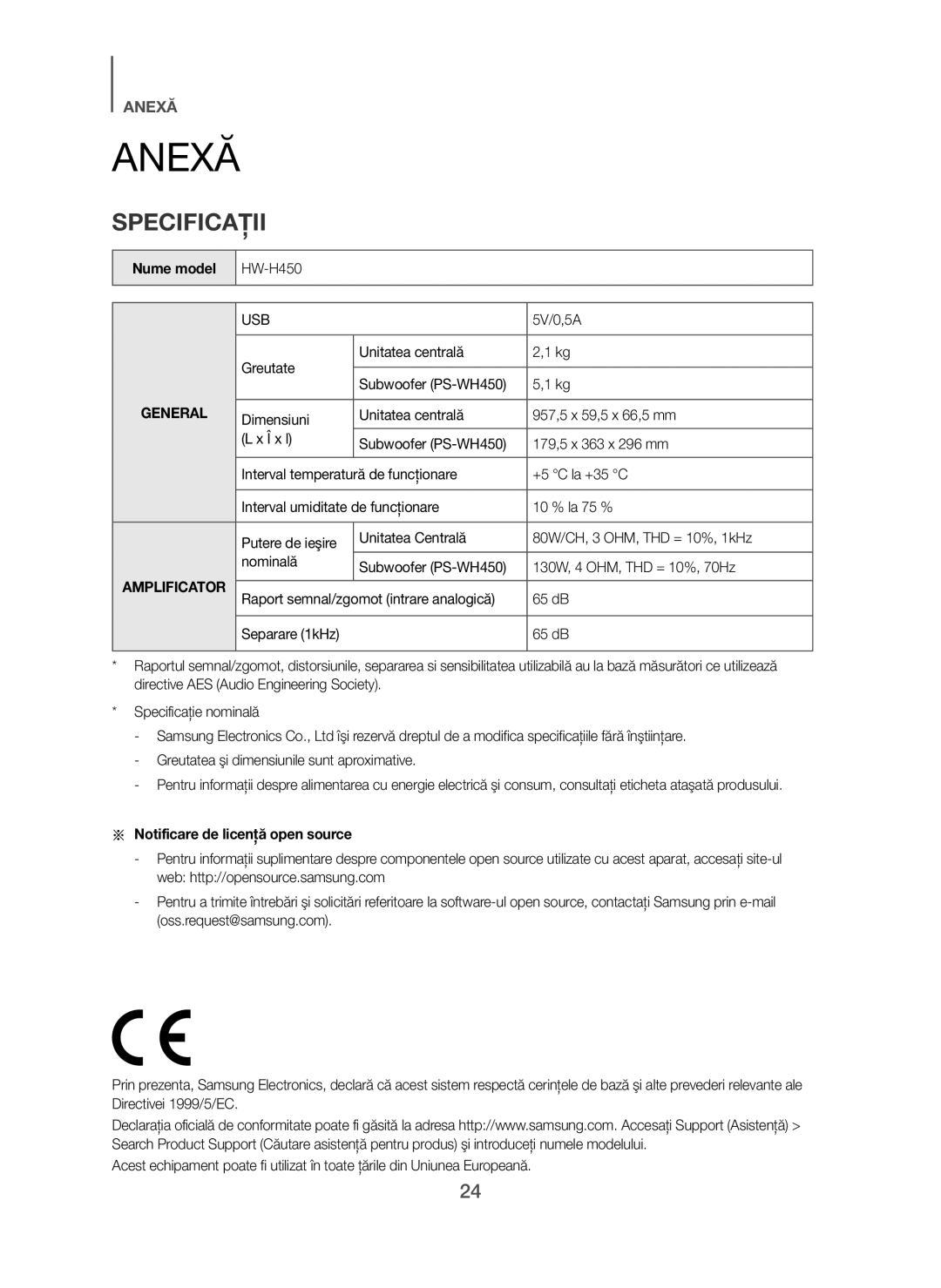 Samsung HW-H450/XE manual Anexă, Specificaţii, Nume model, Greutate Unitatea centrală, Notificare de licenţă open source 