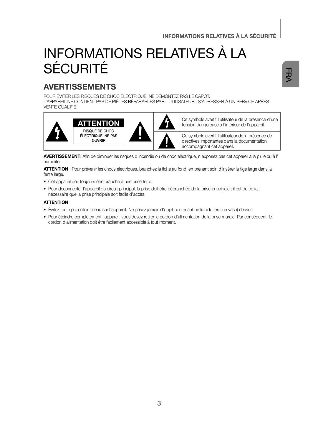 Samsung HW-H450/XN, HW-H450/TK, HW-H450/EN, HW-H450/ZF, HW-H450/XE manual Informations Relatives À LA Sécurité, Avertissements 