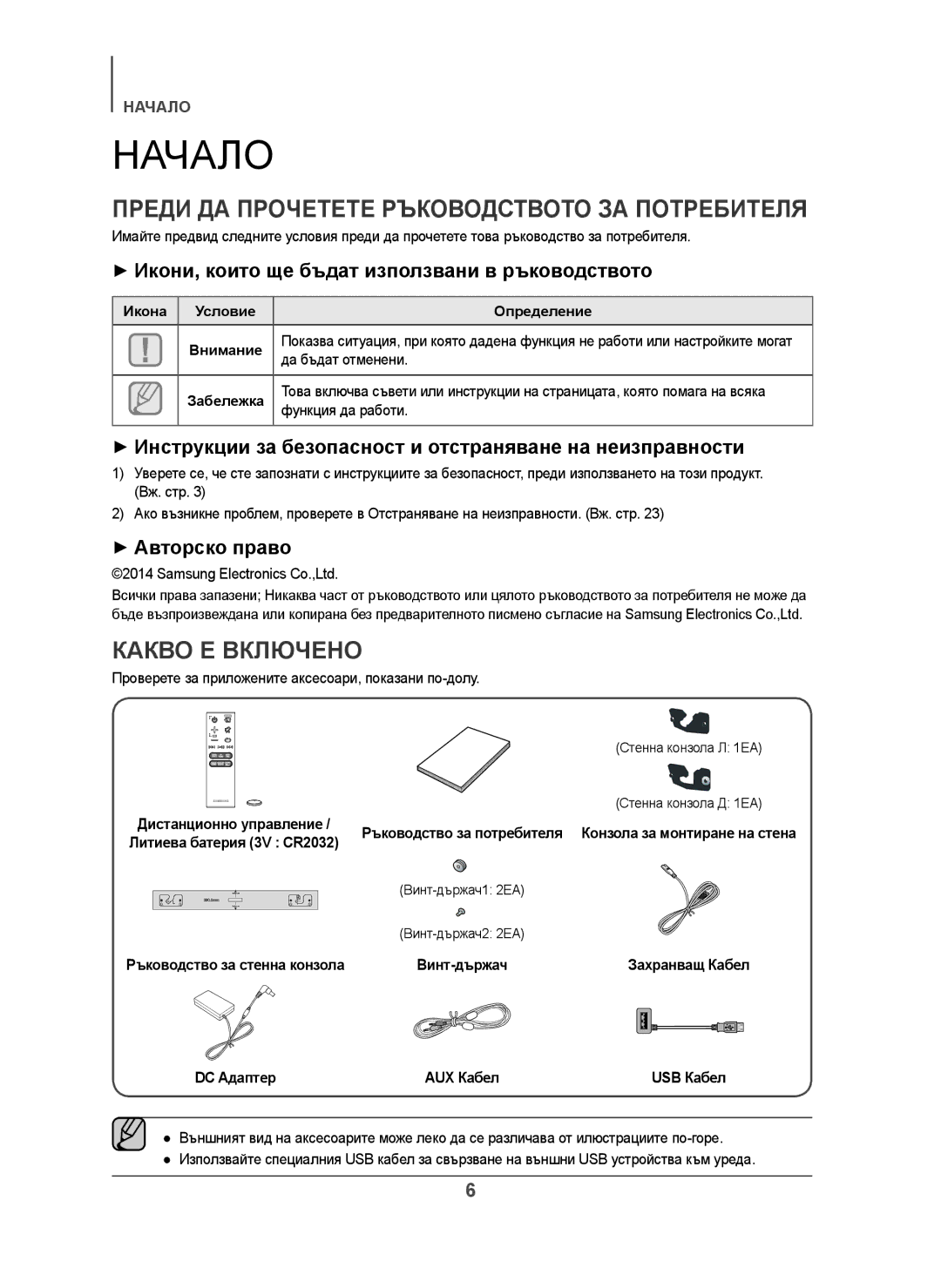 Samsung HW-H450/EN, HW-H450/TK manual Какво Е Включено, + Икони, които ще бъдат използвани в ръководството, + Авторско право 