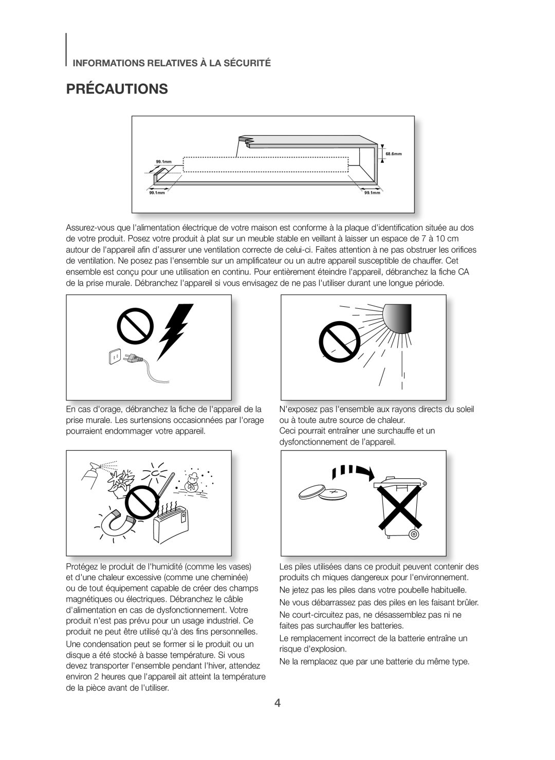 Samsung HW-H450/XE, HW-H450/TK, HW-H450/EN, HW-H450/ZF, HW-H450/XN manual Précautions 