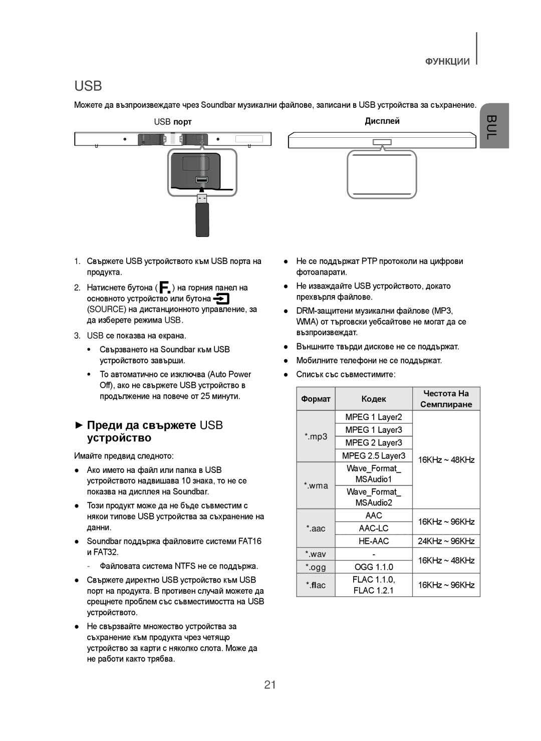 Samsung HW-H450/EN, HW-H450/TK, HW-H450/ZF manual + Преди да свържете USB устройство, USB порт, Формат Кодек Честота На, Aac 