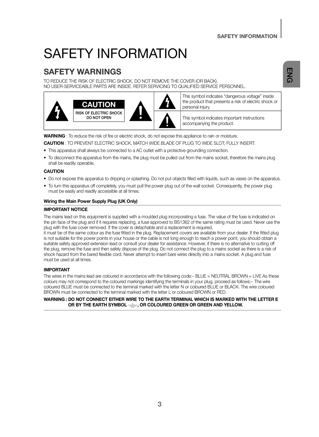 Samsung HW-H450/XN, HW-H450/TK, HW-H450/EN, HW-H450/ZF, HW-H450/XE manual Safety Information, Safety Warnings 