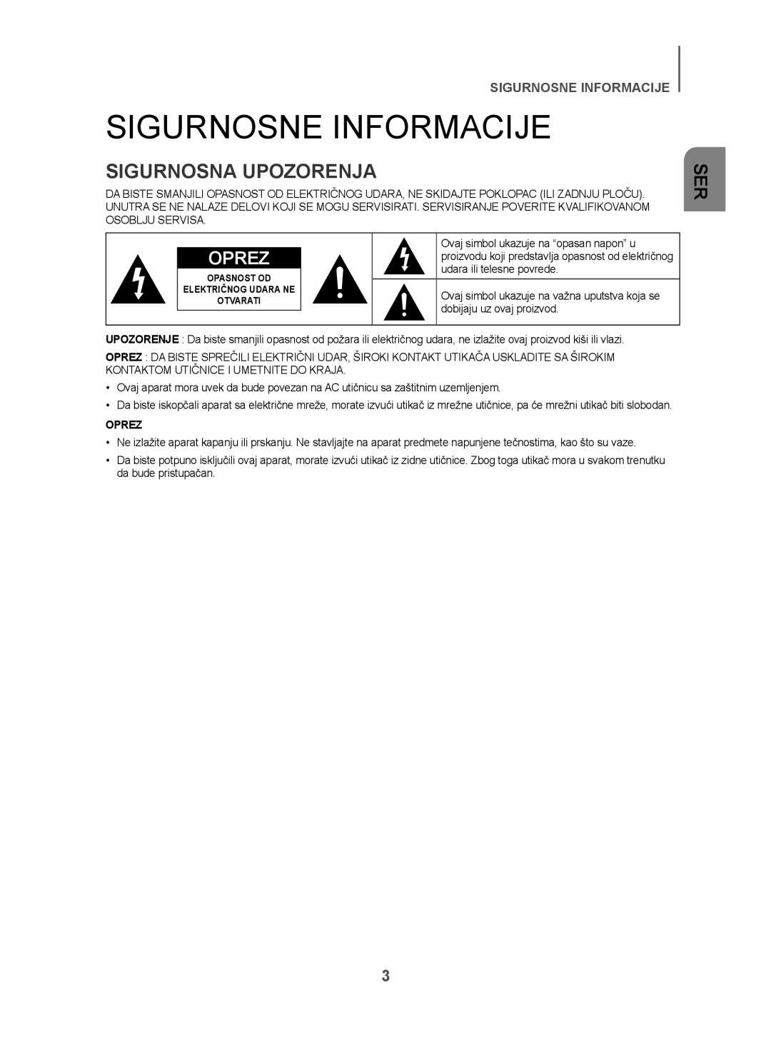 Samsung HW-H450/XN, HW-H450/TK, HW-H450/EN, HW-H450/ZF, HW-H450/XE manual Sigurnosne Informacije, Sigurnosna Upozorenja 