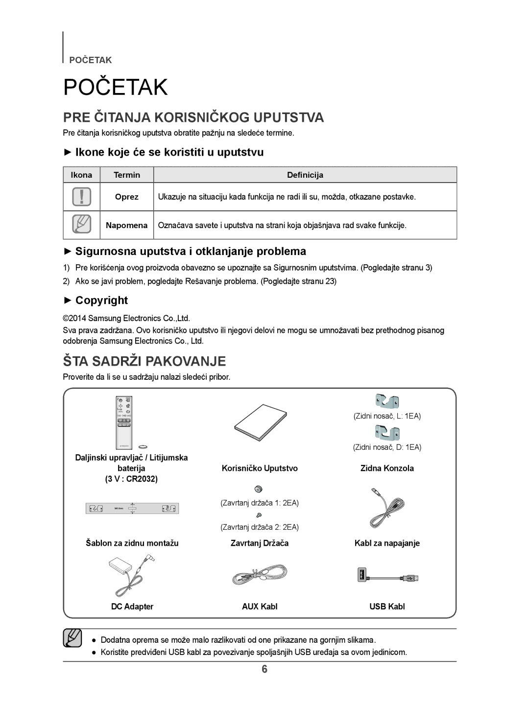 Samsung HW-H450/EN, HW-H450/TK, HW-H450/ZF, HW-H450/XN manual Početak, PRE Čitanja Korisničkog Uputstva, ŠTA Sadrži Pakovanje 