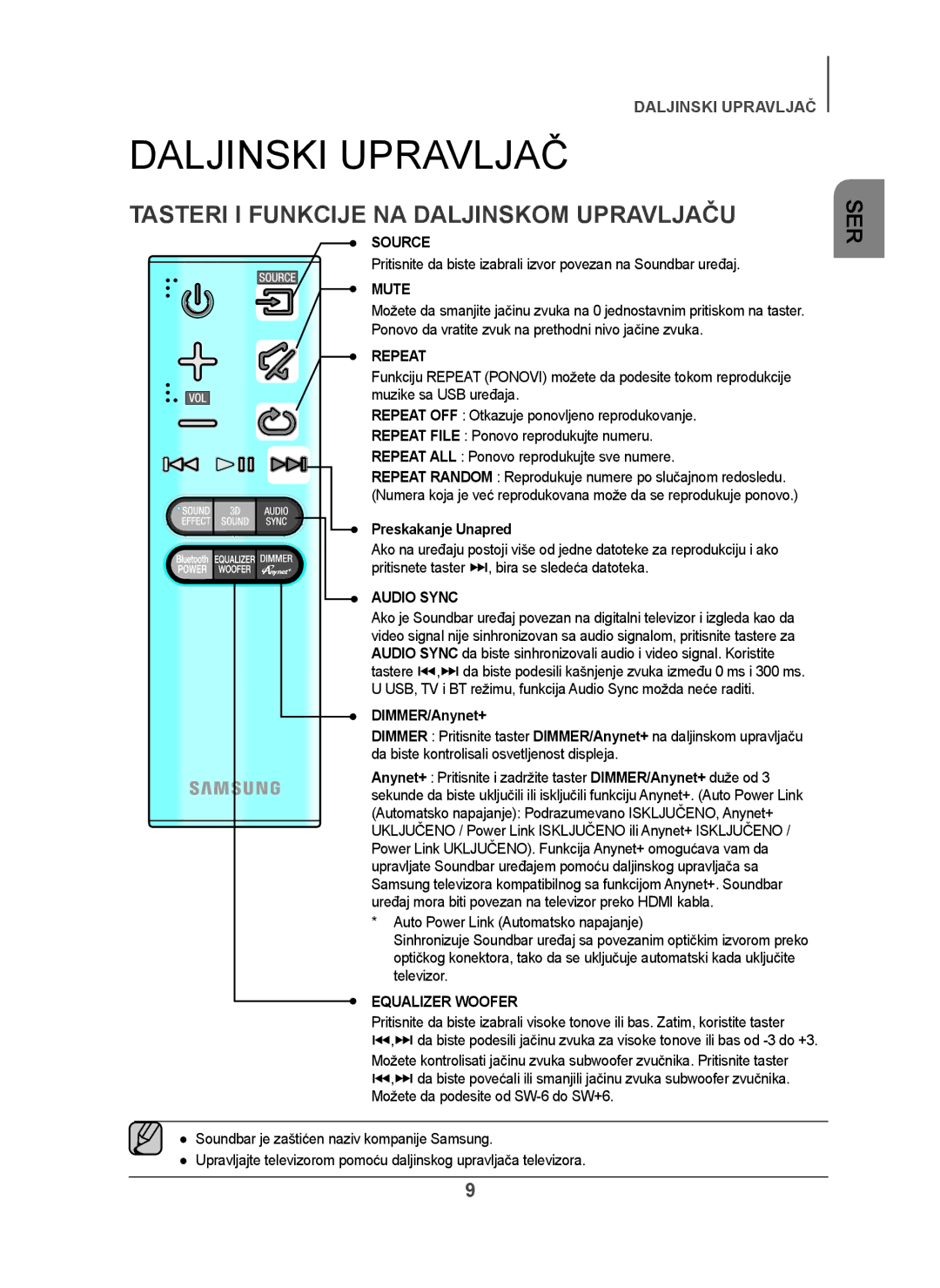 Samsung HW-H450/XE, HW-H450/TK manual Daljinski Upravljač, Tasteri I Funkcije NA Daljinskom Upravljaču, Preskakanje Unapred 